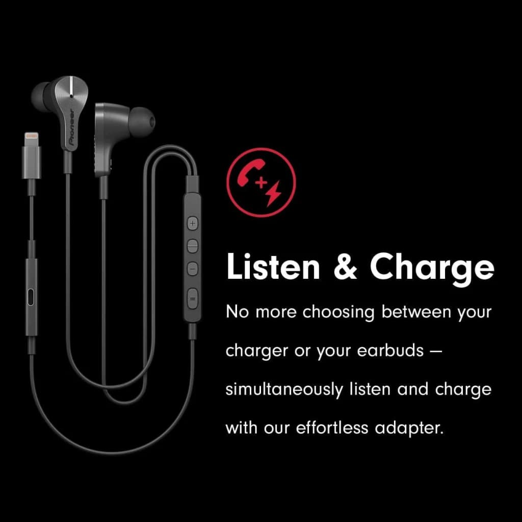 Écouteurs Pioneer Rayz Plus intra-auriculaires Lightning Noir, détail: câble avec télécommande intégrée et connecteur