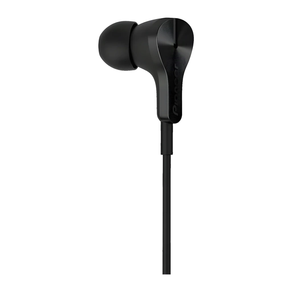 Écouteurs Pioneer Rayz Plus intra-auriculaires Lightning Noir, vue latérale: capsule à texture métallique, embout et câble
