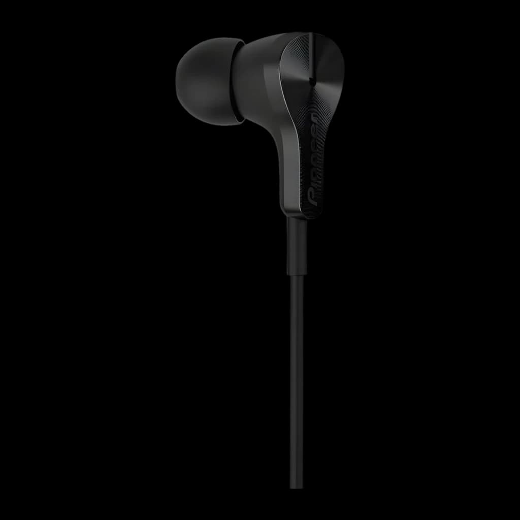 Écouteurs Pioneer Rayz Plus intra-auriculaires Lightning Noir, vue latérale: capsule à texture métallique, embout et câble