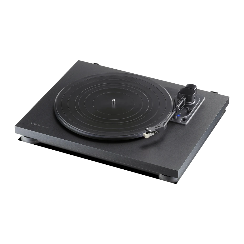 Gira-discos Audio-Technica 1,5W Bluetooth Preto TN-180BT, vista em perspetiva: prato, braço com cápsula e luz LED azul