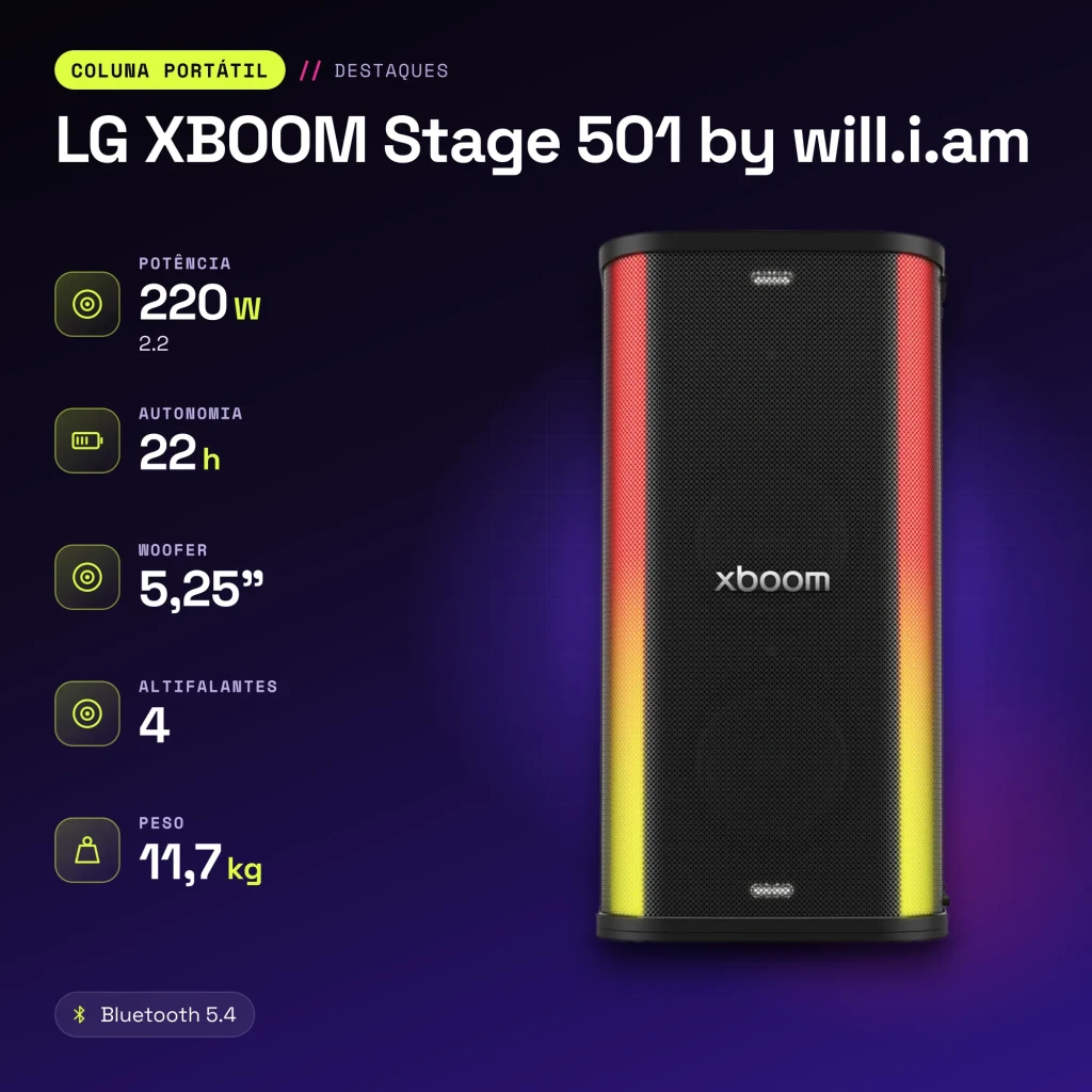 Enceinte portable LG XBOOM Stage 501 by will.i.am IPX4 220W 22h Bluetooth 5.4 Noir - caractéristiques, 298 mm