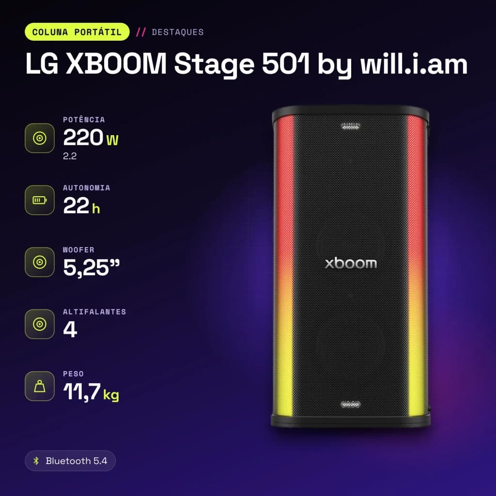 Enceinte portable LG XBOOM Stage 501 by will.i.am IPX4 220W 22h Bluetooth 5.4 Noir - caractéristiques, 298 mm
