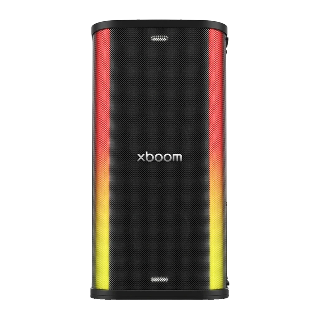 Enceinte portable LG XBOOM Stage 501 by will.i.am IPX4 220W 22h Bluetooth 5.4, vue de face: grille noire avec bandes LED