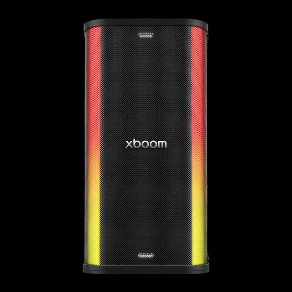 Enceinte portable LG XBOOM Stage 501 by will.i.am IPX4 220W 22h Bluetooth 5.4, vue de face: grille noire avec bandes LED