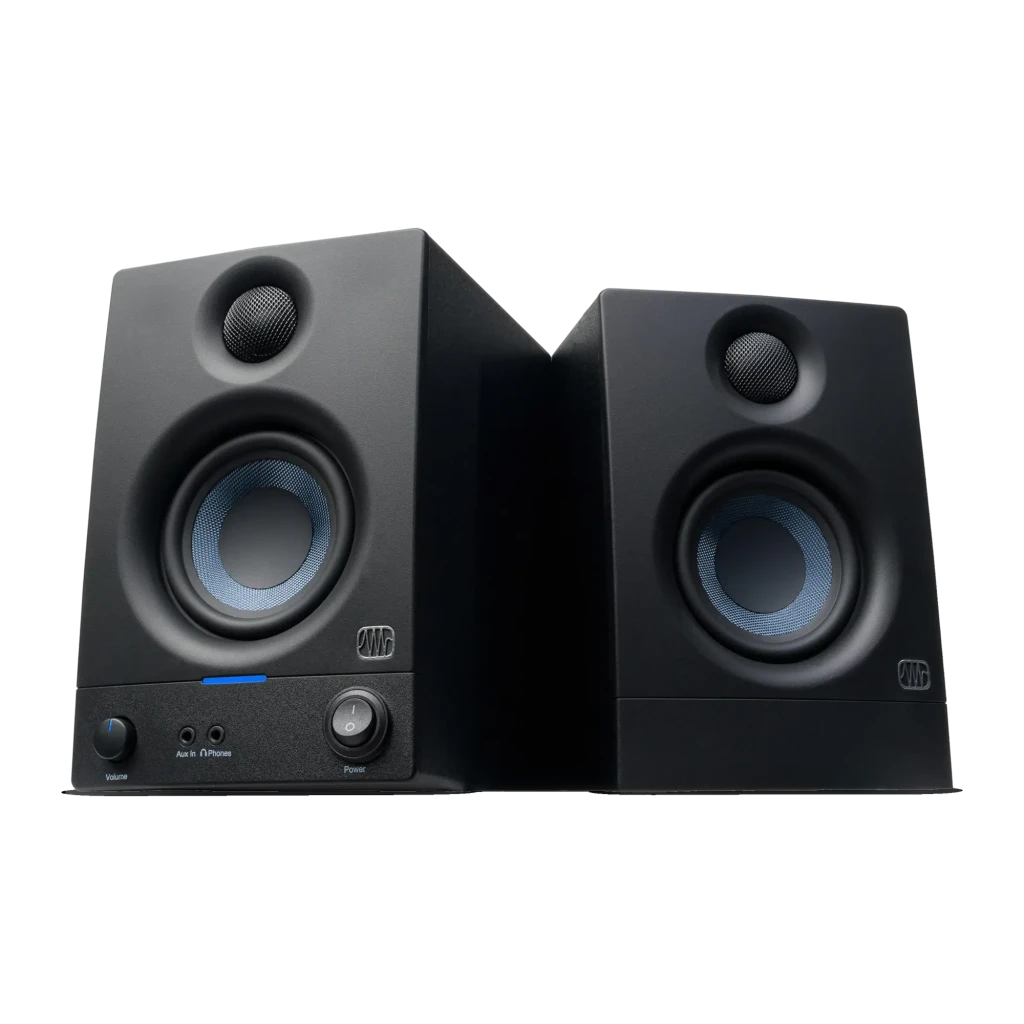Monitores de Estudio PreSonus Eris 3.5 2nd Gen 50W Bluetooth 5.0, vista frontal en ángulo: par de monitores negros