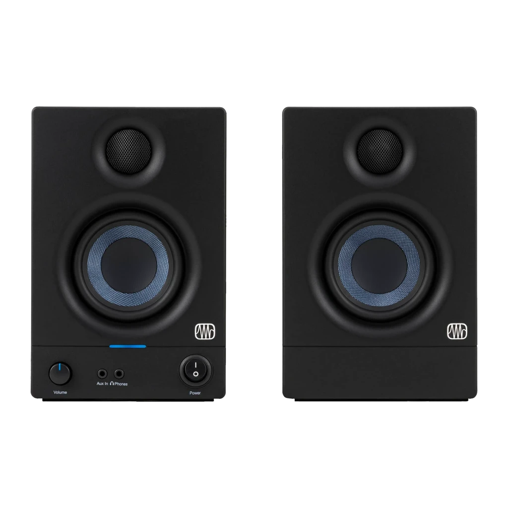 Monitores de Estudio PreSonus Eris 3.5 2nd Gen 50W Bluetooth 5.0, vista frontal: par de monitores negros con woofer azul