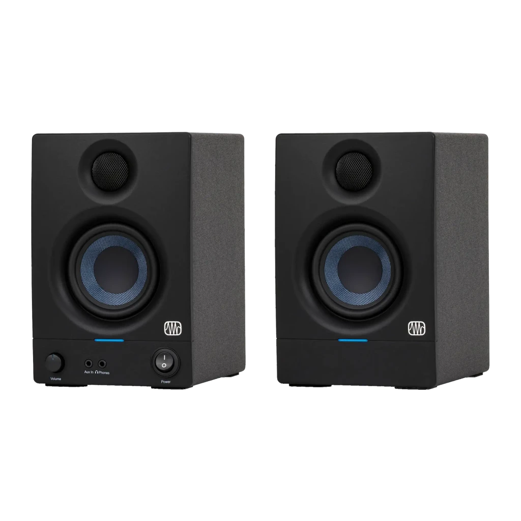 Monitores de Estudio PreSonus Eris 3.5 2nd Gen 50W Bluetooth 5.0, par en ángulo: woofer azul, tweeter y controles frontales
