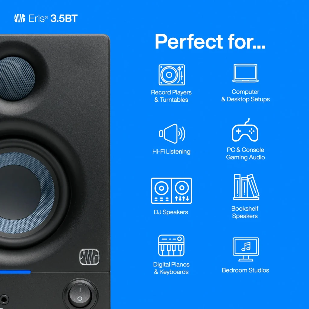Monitores de Estudio PreSonus Eris 3.5 BT 2nd Gen 50W Clase AB Bluetooth 5.0 Negro, detalle frontal: woofer y tweeter