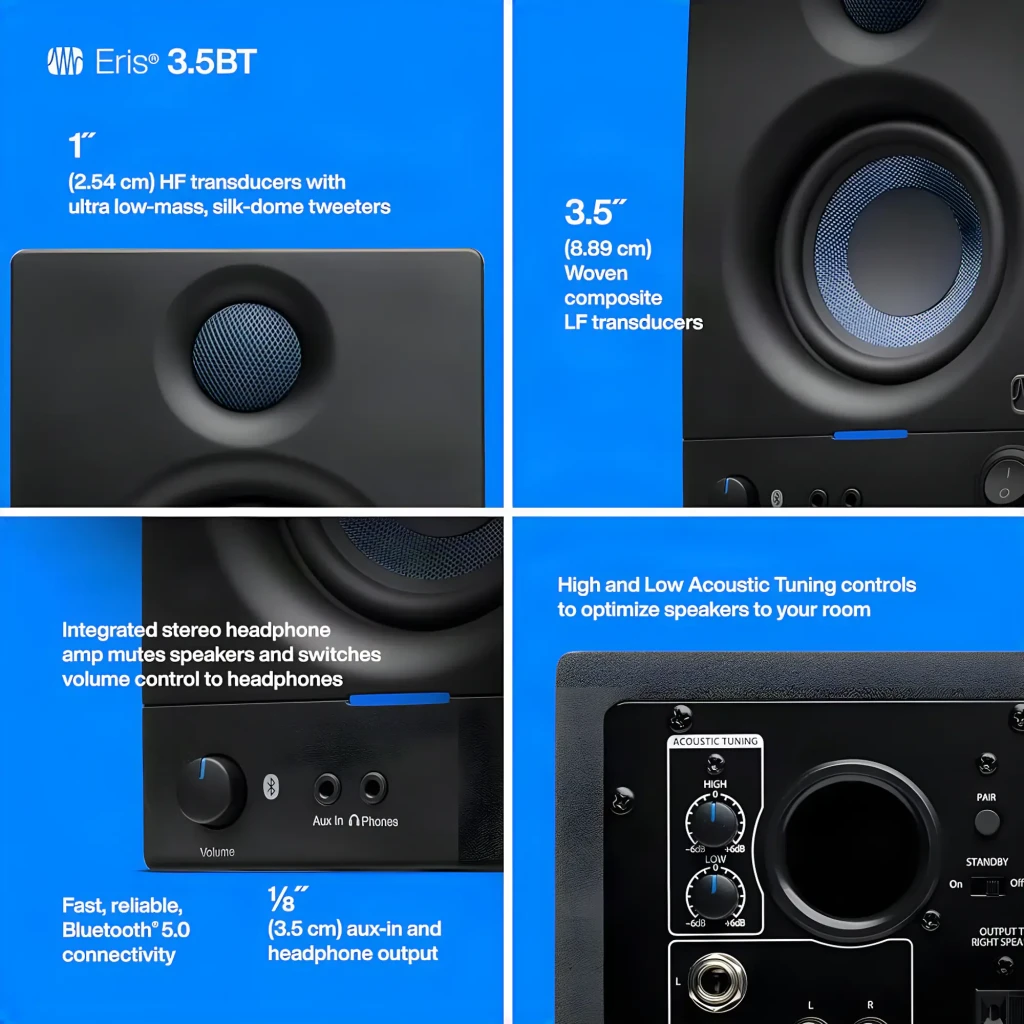 Monitores de Estudio PreSonus Eris 3.5 BT 2nd Gen 50W Clase AB Bluetooth 5.0 Negro, infografía: tweeter 1", woofer 3.5"