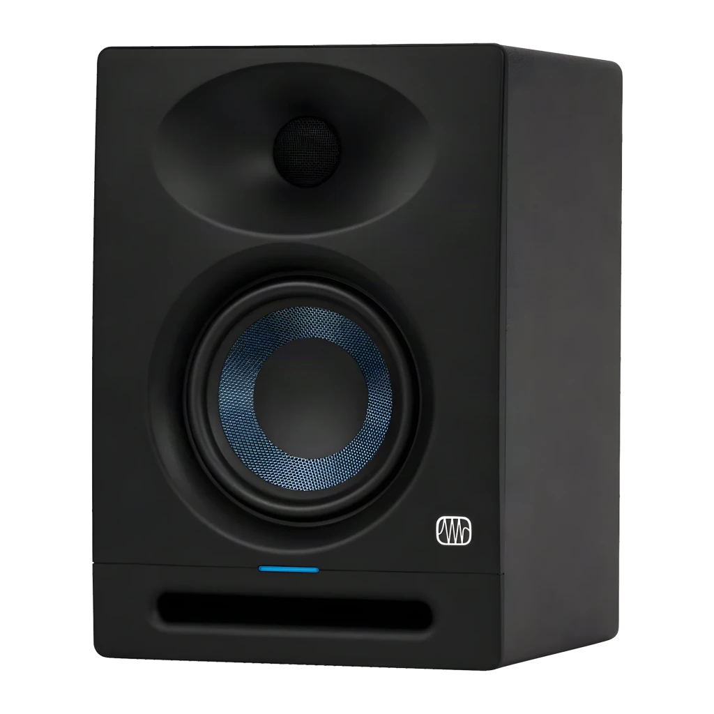 Monitores de Estudio PreSonus Eris 3.5 BT 2nd Gen 50W Clase AB Bluetooth 5.0 Negro, vista frontal en ángulo: woofer azul
