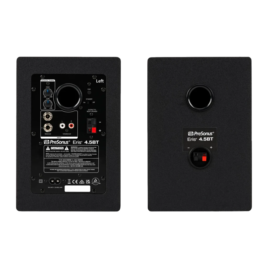 Monitores de Estudio PreSonus Eris 4.5BT 2nd Gen 50W (2x25W) Negro, vista trasera: panel posterior con entradas RCA, XLR