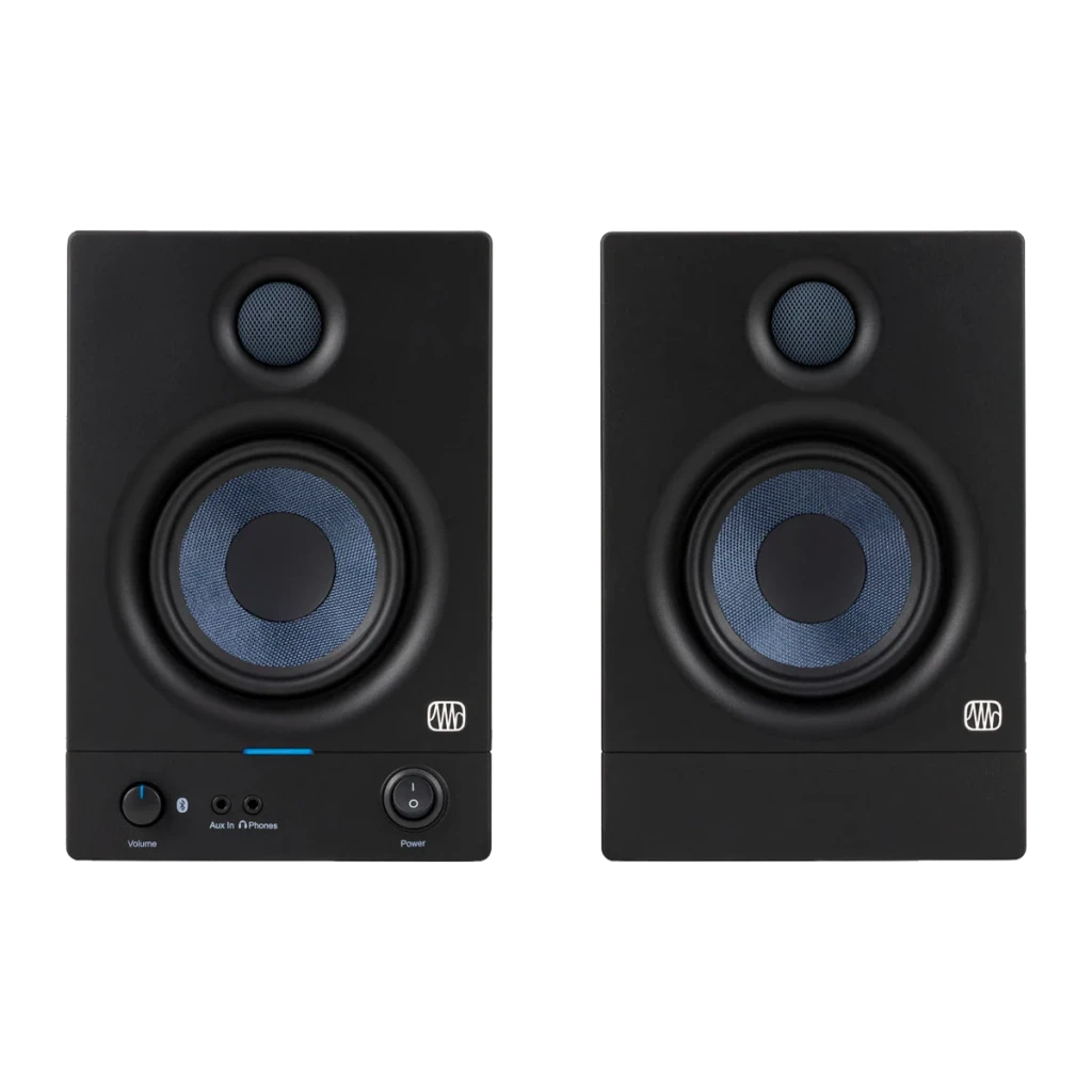 Monitores de Estudio PreSonus Eris 4.5BT 2nd Gen 50W (2x25W) Negro, vista frontal: par de altavoces con woofer azul, tweeter