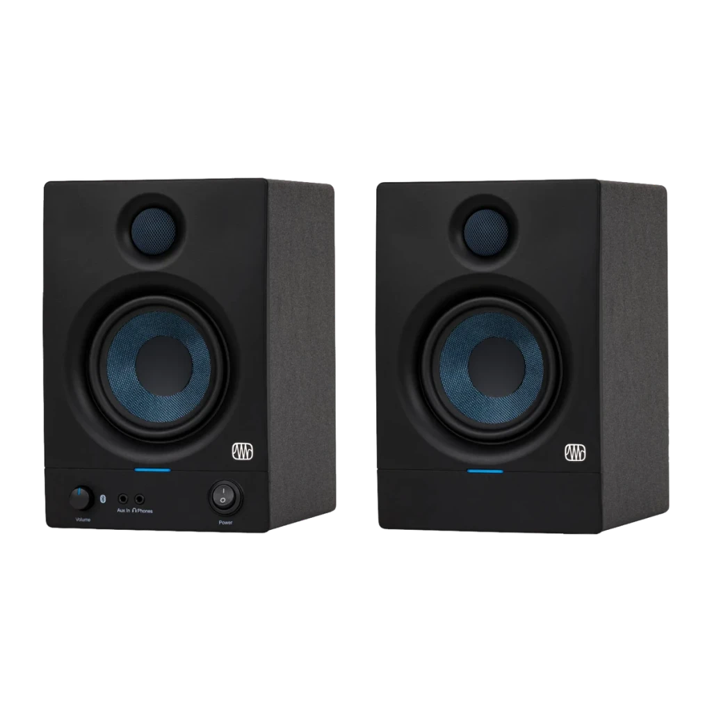 Monitores de Estudio PreSonus Eris 4.5BT 2nd Gen 50W (2x25W) Negro, par: woofer azul, tweeter y controles frontales visibles