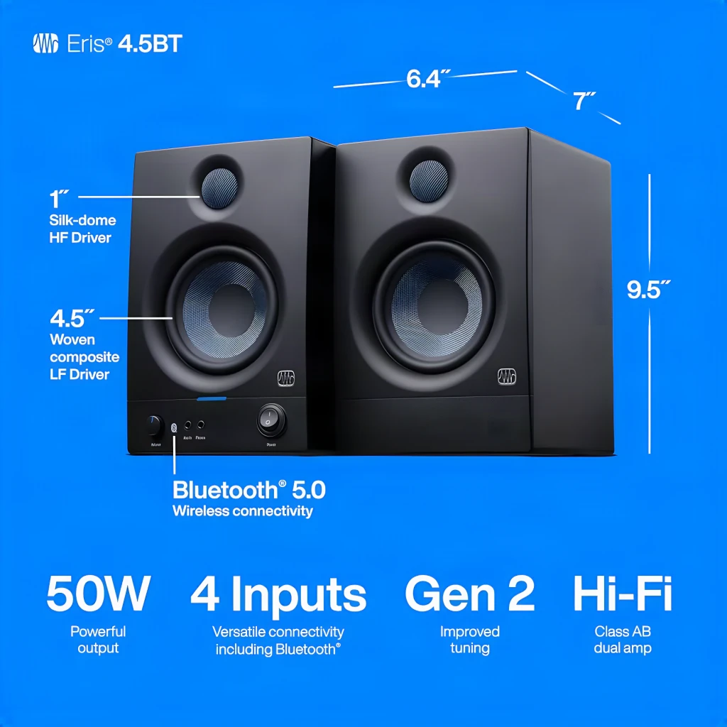 Monitores de Estudio PreSonus Eris 4.5BT 2nd Gen 50W (2x25W) Negro, infografía: dimensiones, tweeter silk-dome 1" y woofer