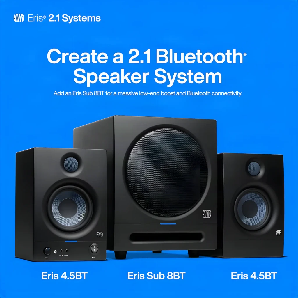 Monitores de Estudio PreSonus Eris 4.5BT 2nd Gen 50W (2x25W) Negro, sistema 2.1: par de monitores flanqueando subwoofer Eris