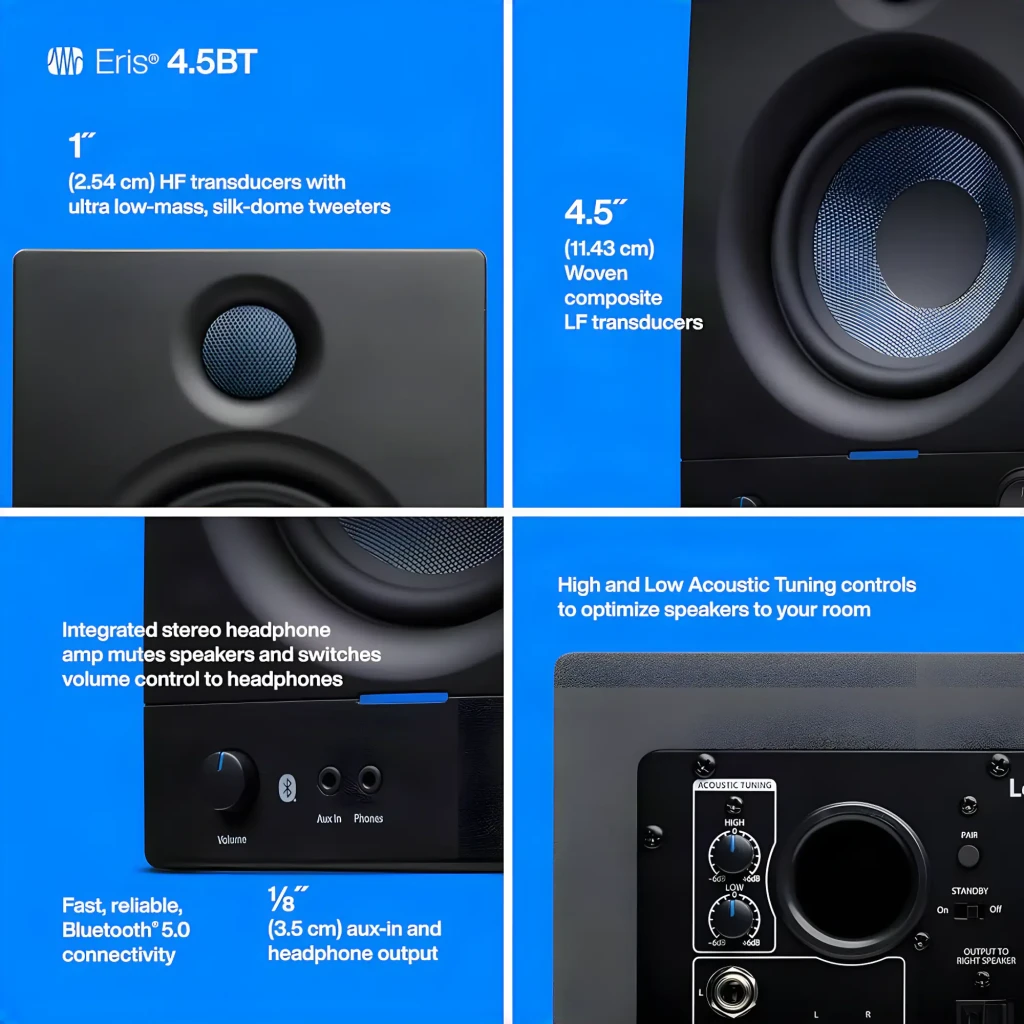 Monitores de Estudio PreSonus Eris 4.5BT 2nd Gen 50W (2x25W) Negro, detalles: tweeter silk-dome, woofer 4.5", panel frontal