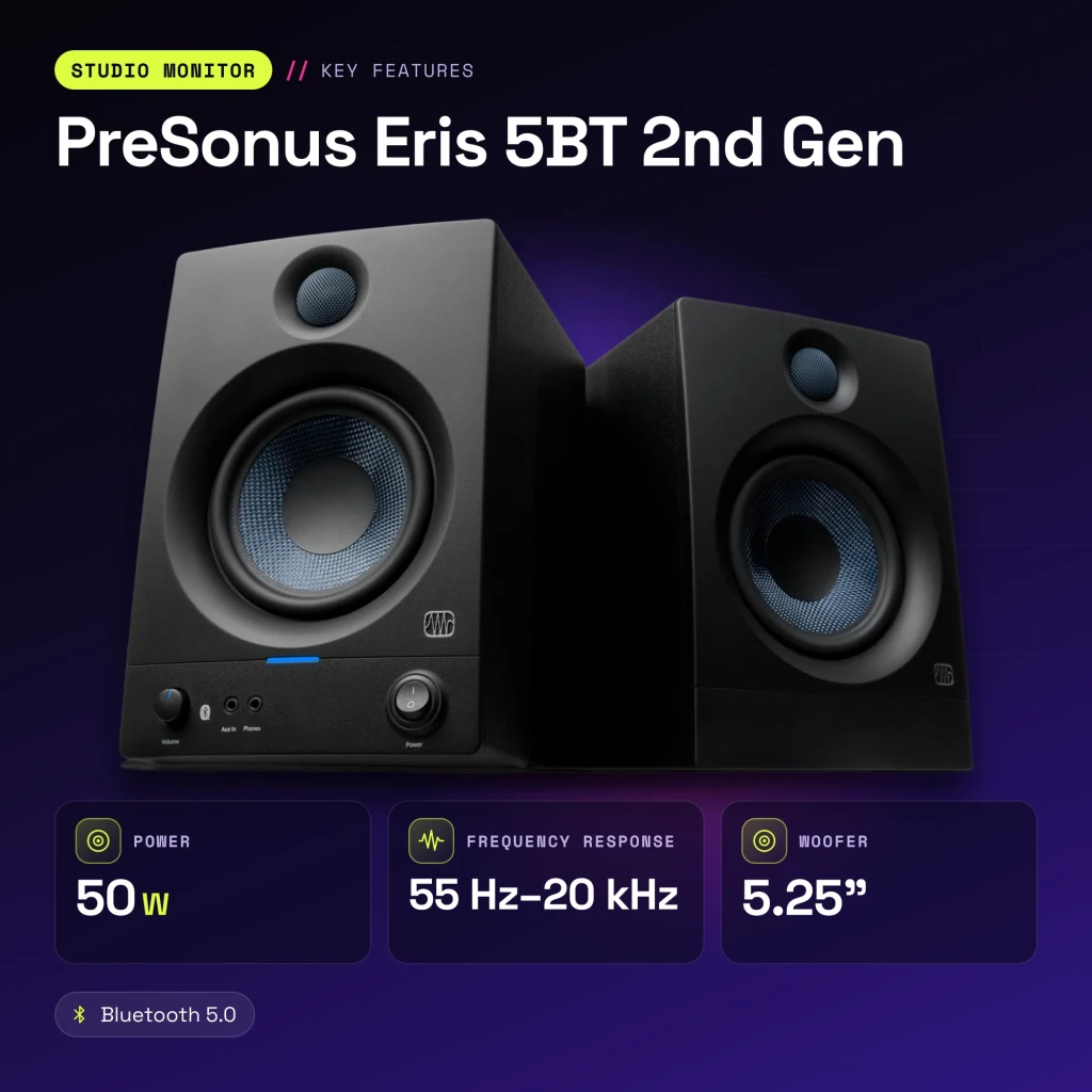 Monitores de Estudio PreSonus Eris 5BT 2nd Gen 50W Clase D Bluetooth 5.0 Negro - características