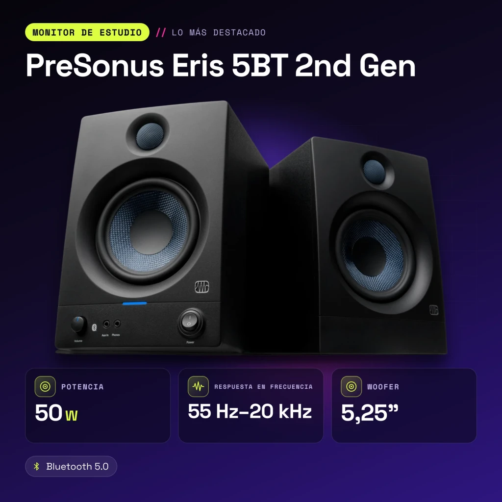 Monitores de Estudio PreSonus Eris 5BT 2nd Gen 50W Clase D Bluetooth 5.0 Negro - características