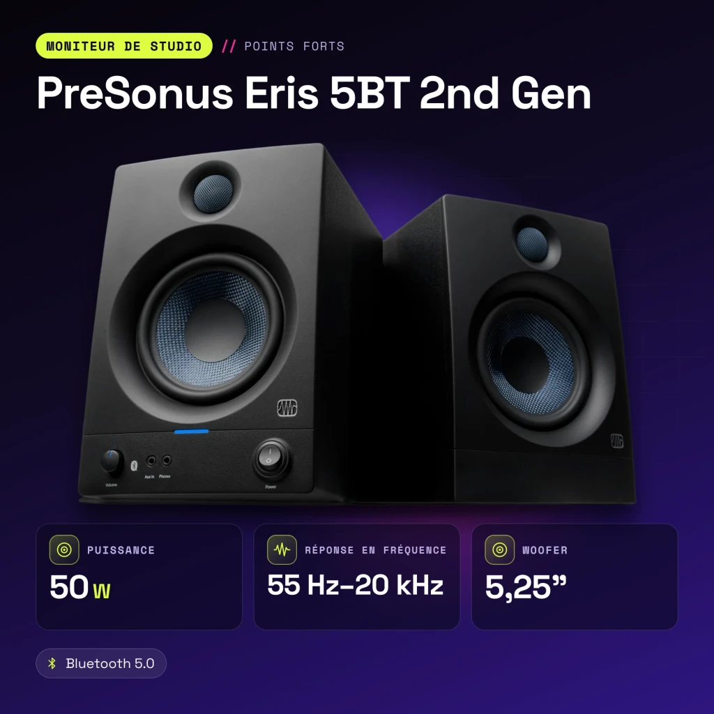Monitores de Estudio PreSonus Eris 5BT 2nd Gen 50W Clase D Bluetooth 5.0 Negro - características