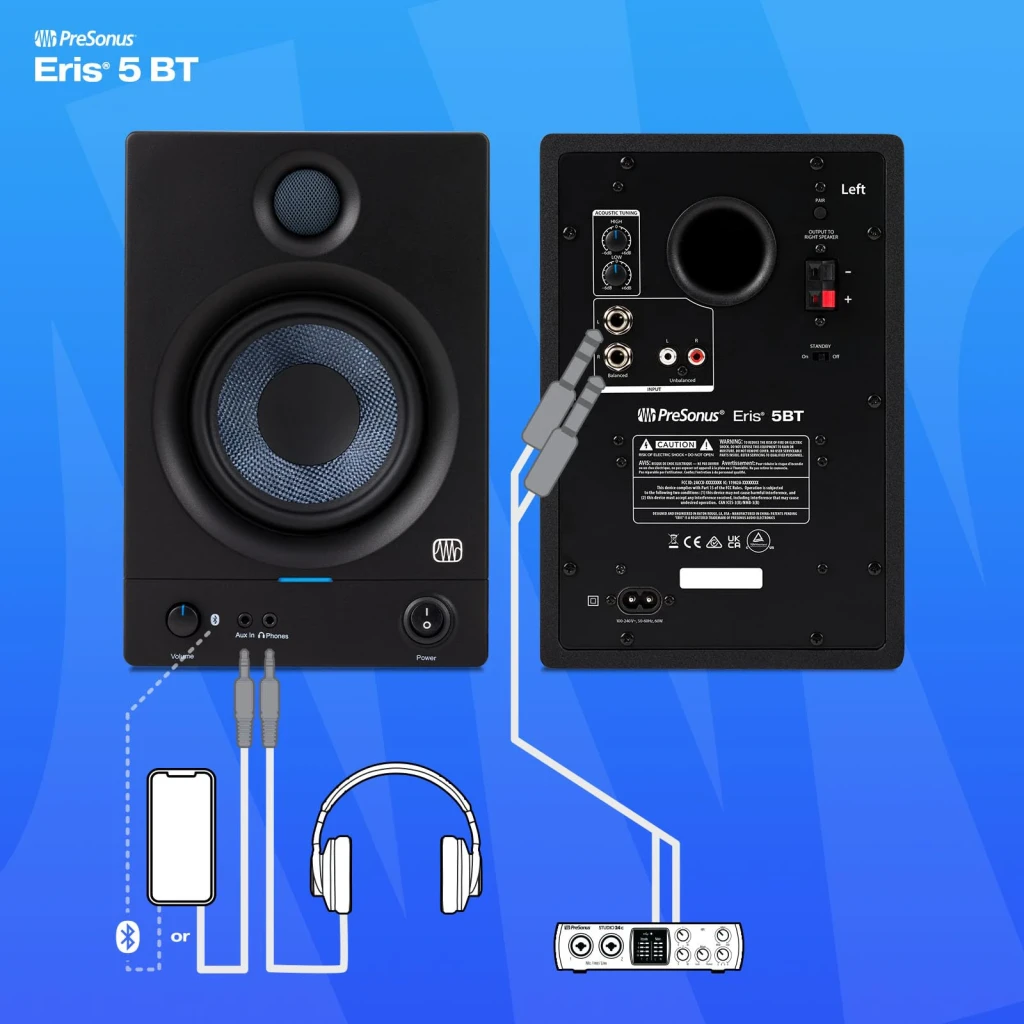 Monitores de Estudio PreSonus Eris 5BT 2nd Gen 50W Clase D Bluetooth 5.0 Negro, frontal y trasera: conexiones RCA, jack