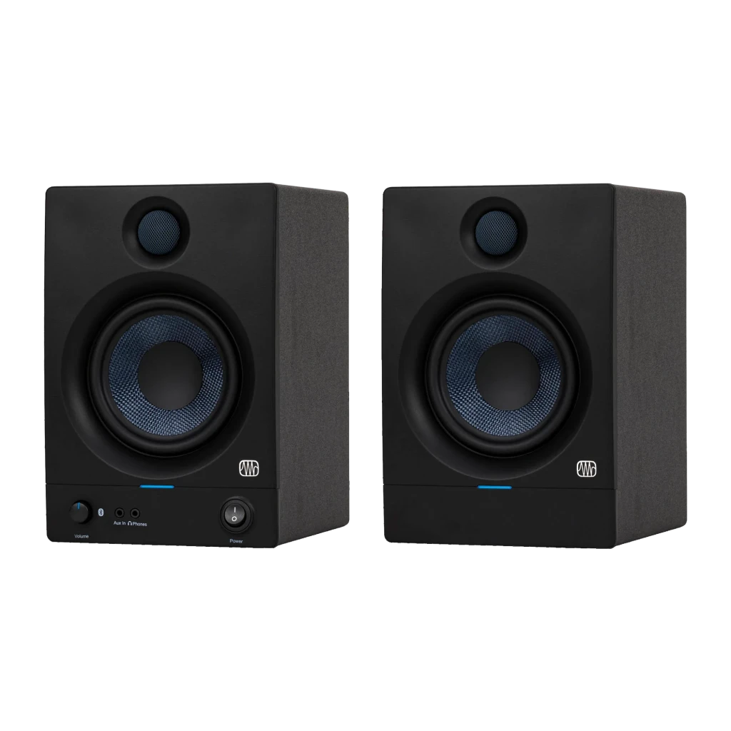 Monitores de Estudio PreSonus Eris 5BT 2nd Gen 50W Clase D Bluetooth 5.0 Negro, par en ángulo: woofer azul, tweeter