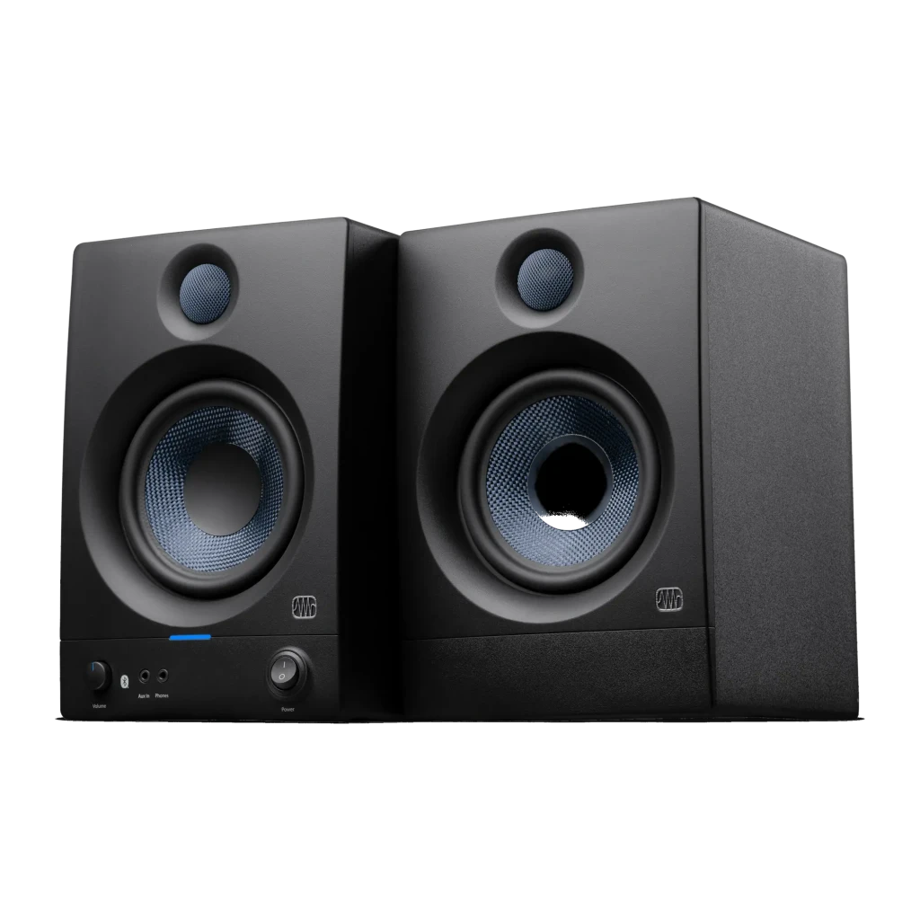Monitores de Estudio PreSonus Eris 5BT 2nd Gen 50W Clase D Bluetooth 5.0 Negro, vista frontal en ángulo: par de monitores