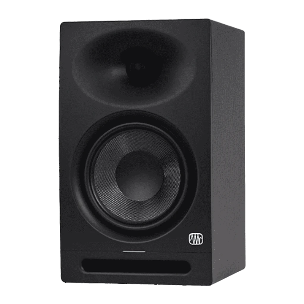 Monitor de estudio PreSonus Eris Studio 8 140W, vista en ángulo: woofer de 8", tweeter y logo PreSonus en carcasa negra mate