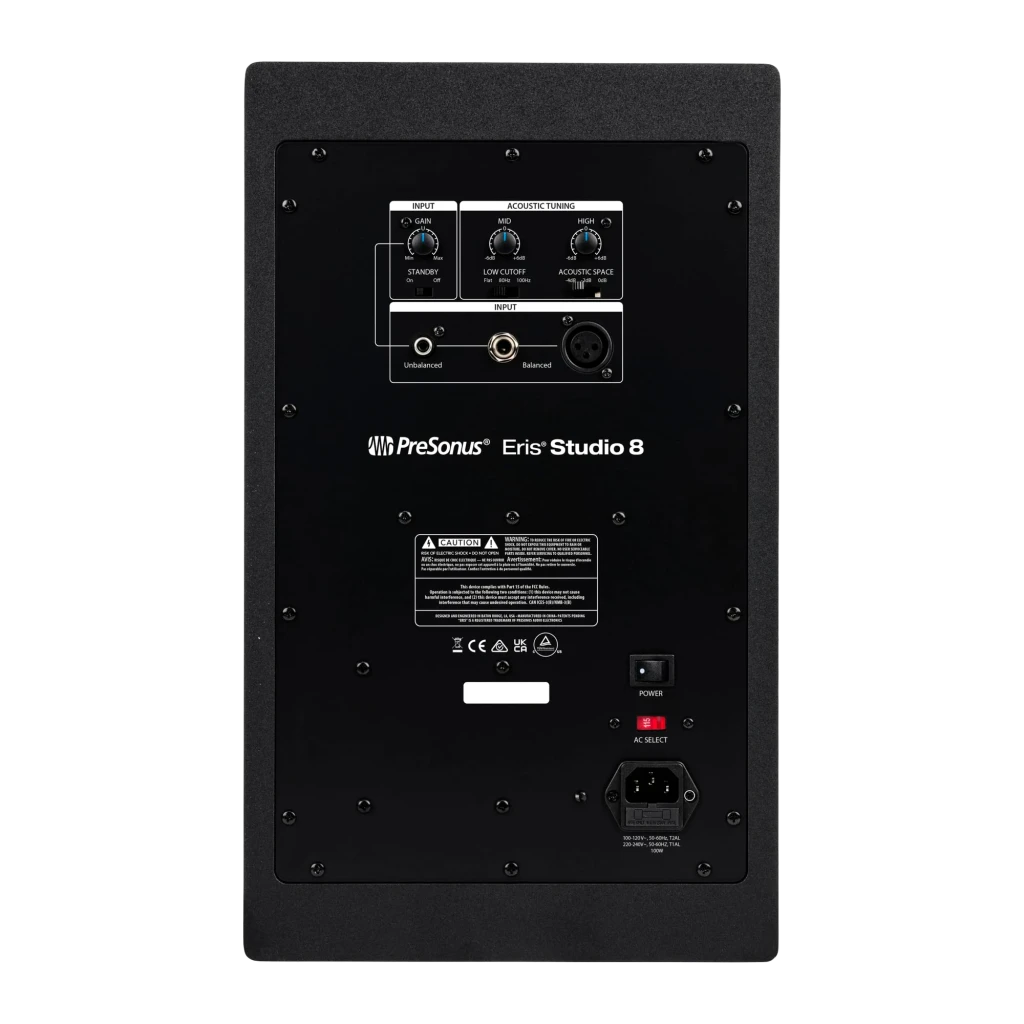 Monitor de estudio PreSonus Eris Studio 8 140W, panel trasero: controles de ganancia, ajuste acústico, entradas RCA y XLR