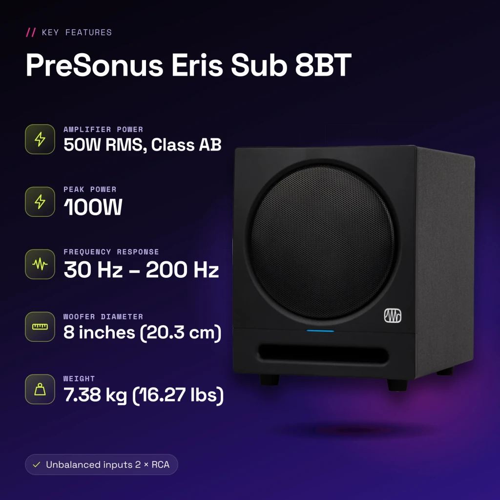 Subwoofer de estudio PreSonus Eris Sub 8BT 8 pulgadas Activo 50W RMS Bluetooth 5.0 Negro - características