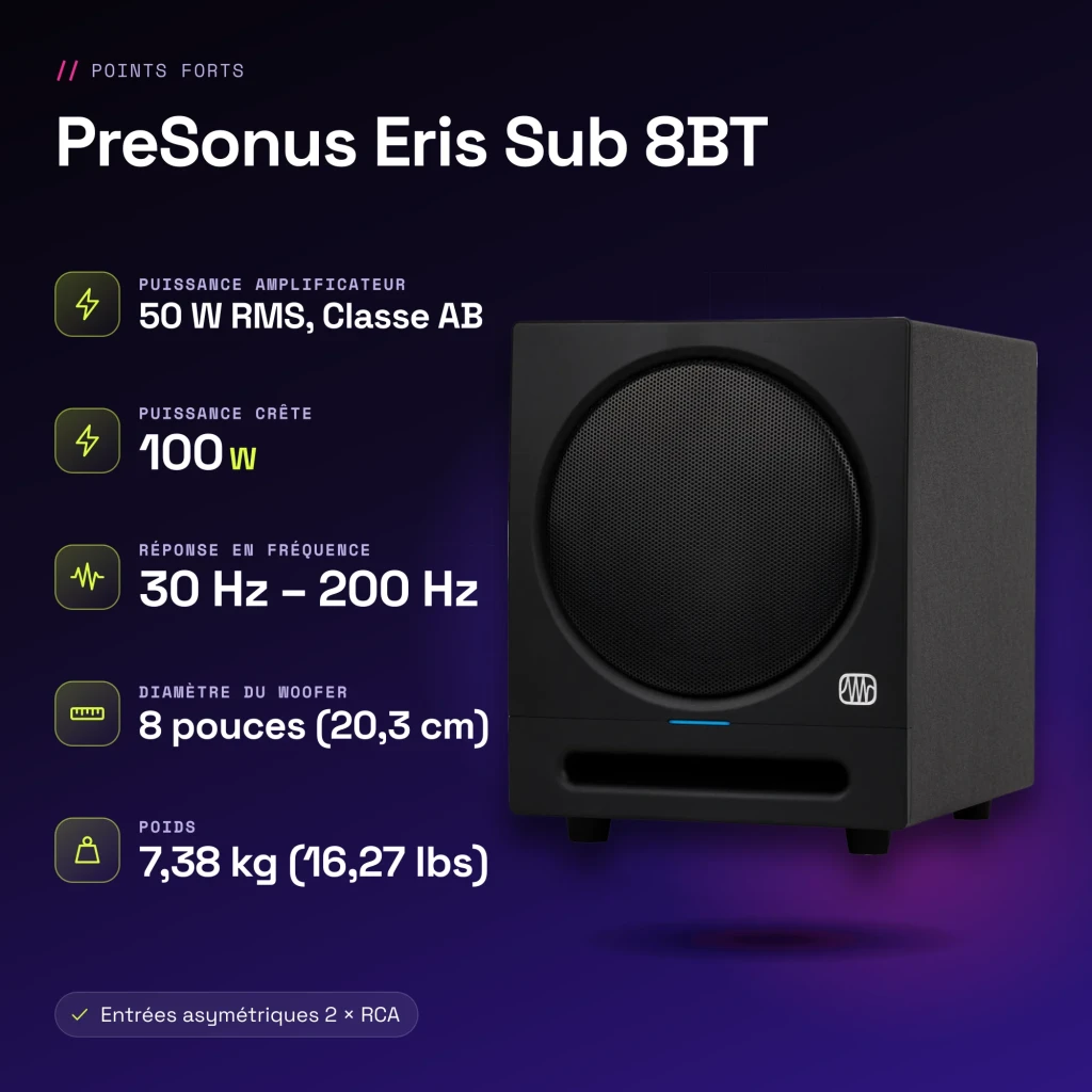 Subwoofer de estudio PreSonus Eris Sub 8BT 8 pulgadas Activo 50W RMS Bluetooth 5.0 Negro - características