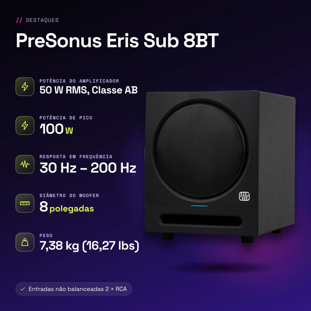 Subwoofer de estudio PreSonus Eris Sub 8BT 8 pulgadas Activo 50W RMS Bluetooth 5.0 Negro - características
