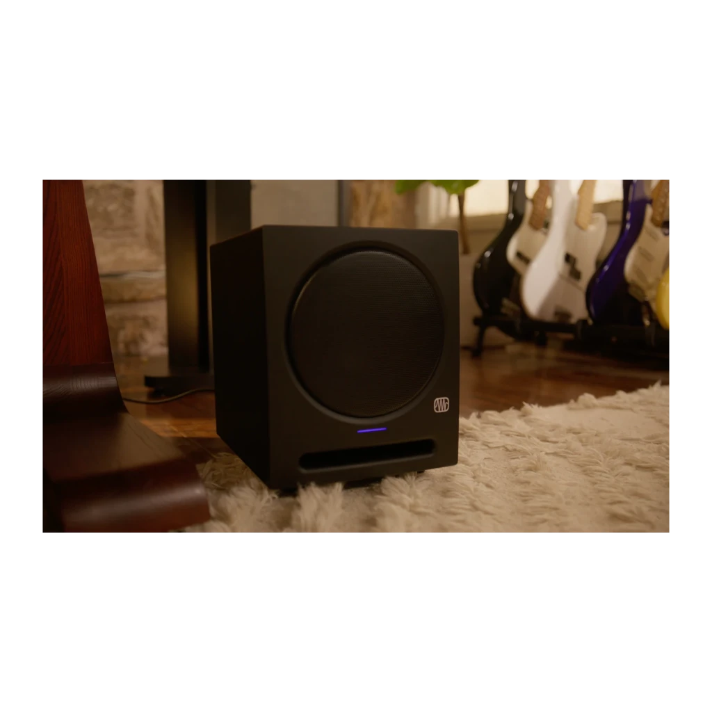 Subwoofer de estudio PreSonus Eris Sub 8BT 8 pulgadas Activo 50W RMS Bluetooth 5.0 Negro, vista frontal en estudio: woofer