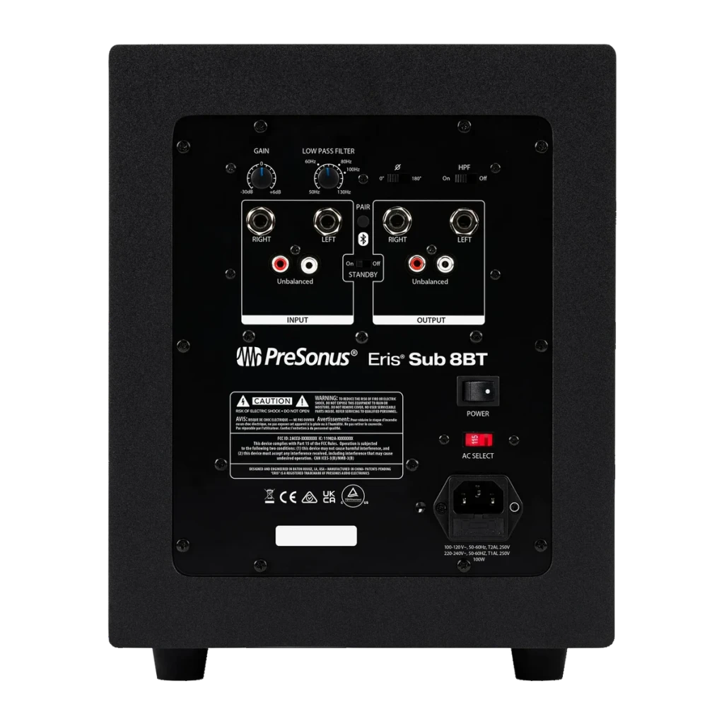 Subwoofer de estudio PreSonus Eris Sub 8BT 8 pulgadas Activo 50W RMS Bluetooth 5.0 Negro, panel trasero: controles