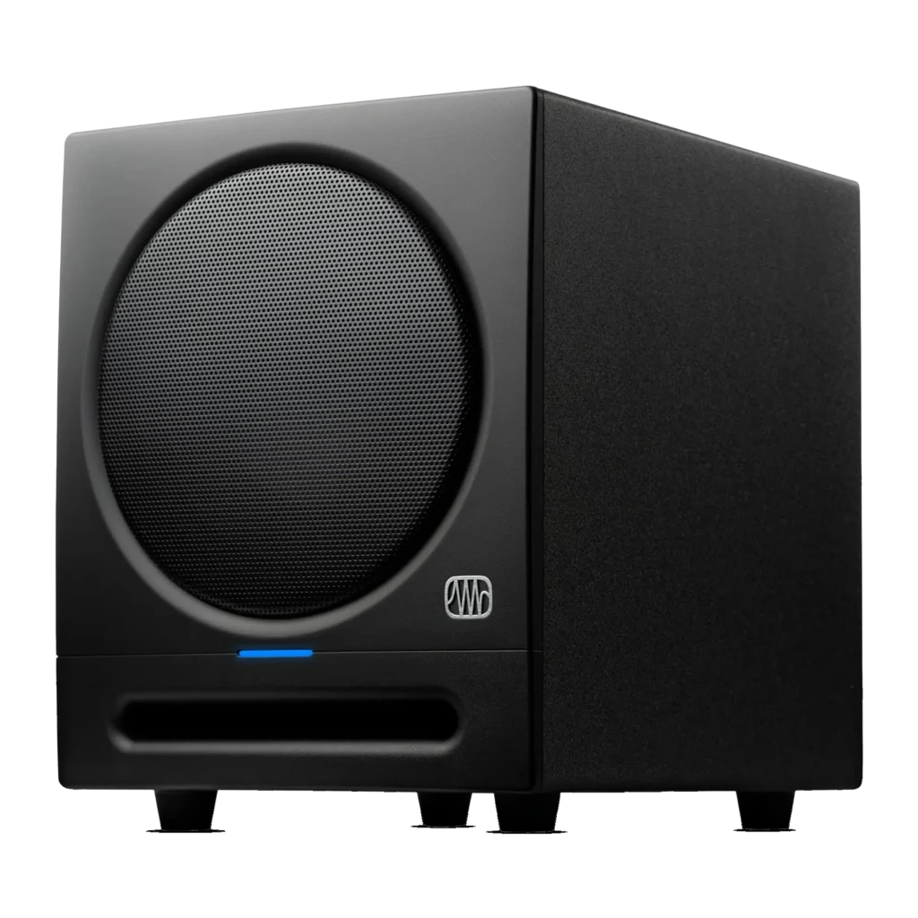 Subwoofer de estudio PreSonus Eris Sub 8BT 8 pulgadas Activo 50W RMS Bluetooth 5.0 Negro, vista en ángulo: woofer circular