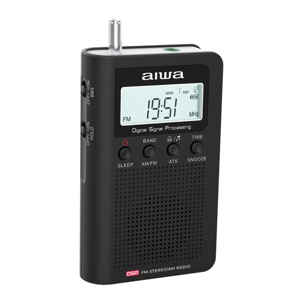 Radio portable Aiwa FM/AM Piles AAA LCD Noir RSD-45BK, vue de face en angle: écran LCD, 4 boutons et antenne télescopique