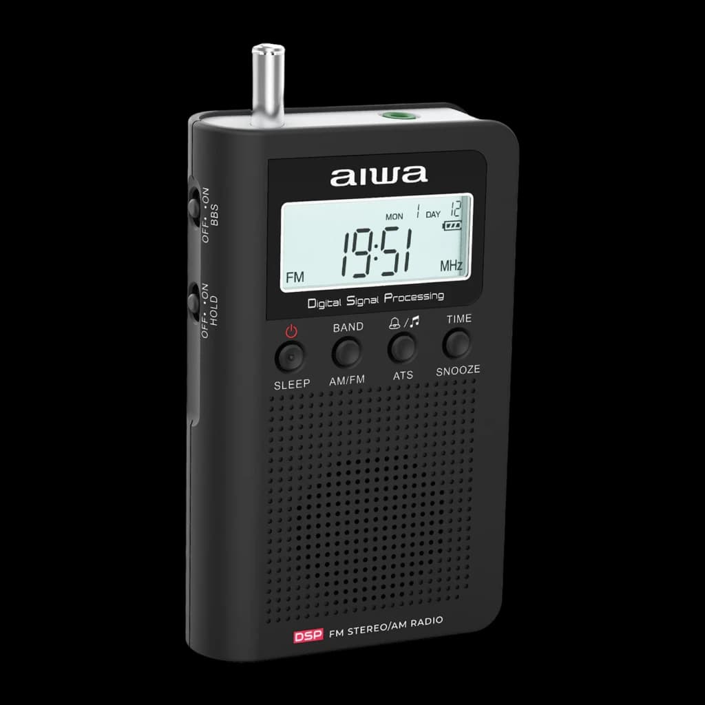 Radio portable Aiwa FM/AM Piles AAA LCD Noir RSD-45BK, vue de face en angle: écran LCD, 4 boutons et antenne télescopique