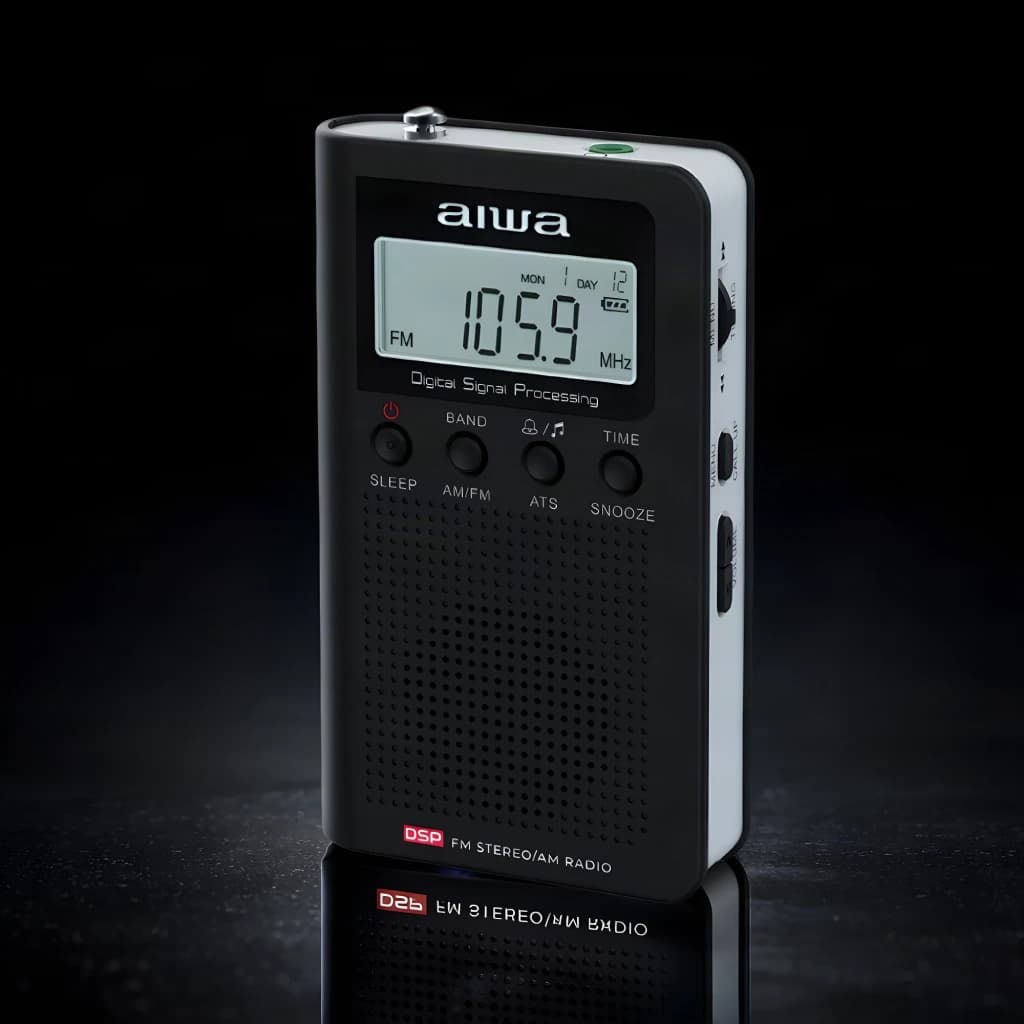 Radio portable Aiwa FM/AM Piles AAA LCD Noir RSD-45BK, vue de face en angle: écran LCD affichant 105.9 MHz, boutons