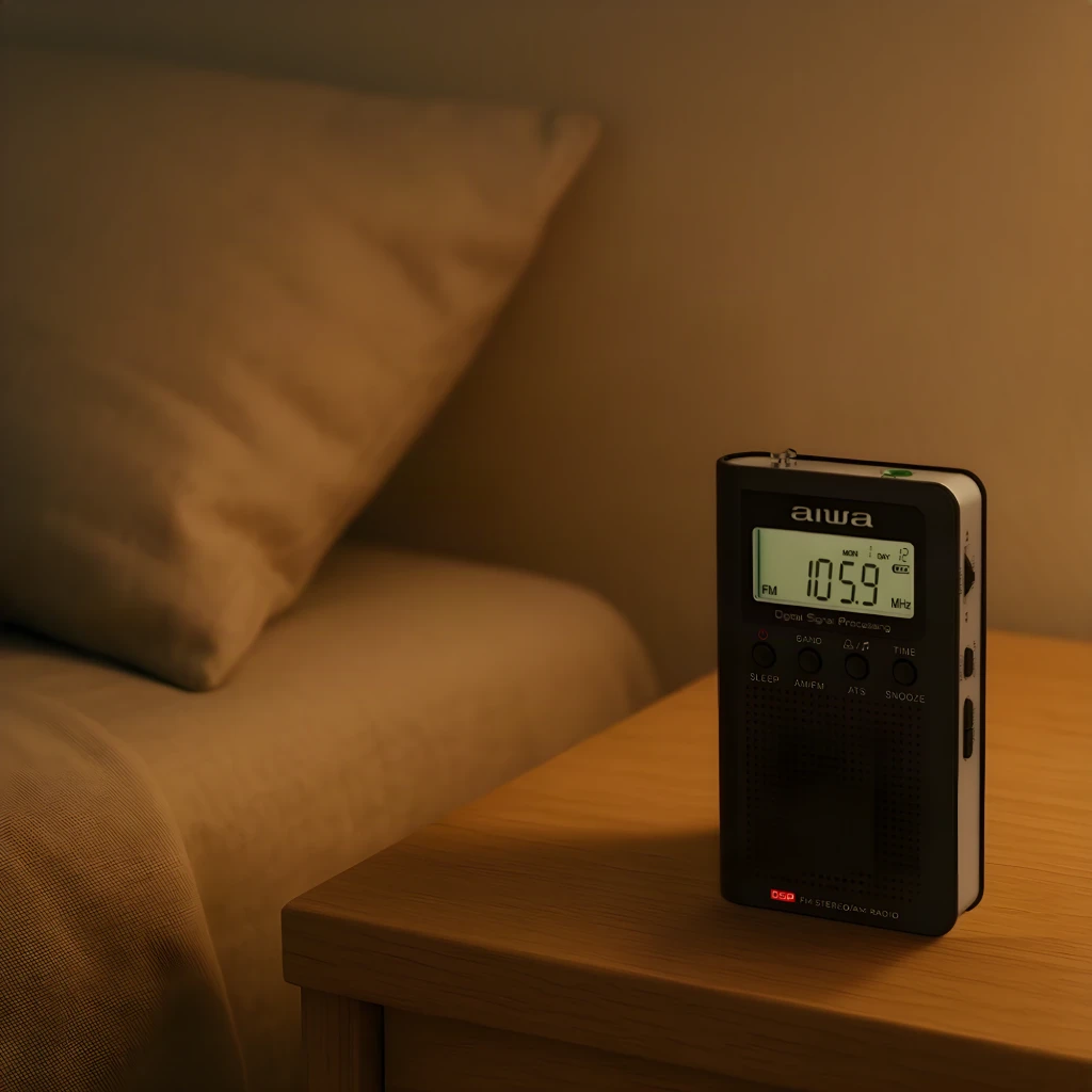 Radio portable Aiwa FM/AM Piles AAA LCD Noir RSD-45BK, vue avant: sur table de chevet avec écran LCD allumé affichant 105.9