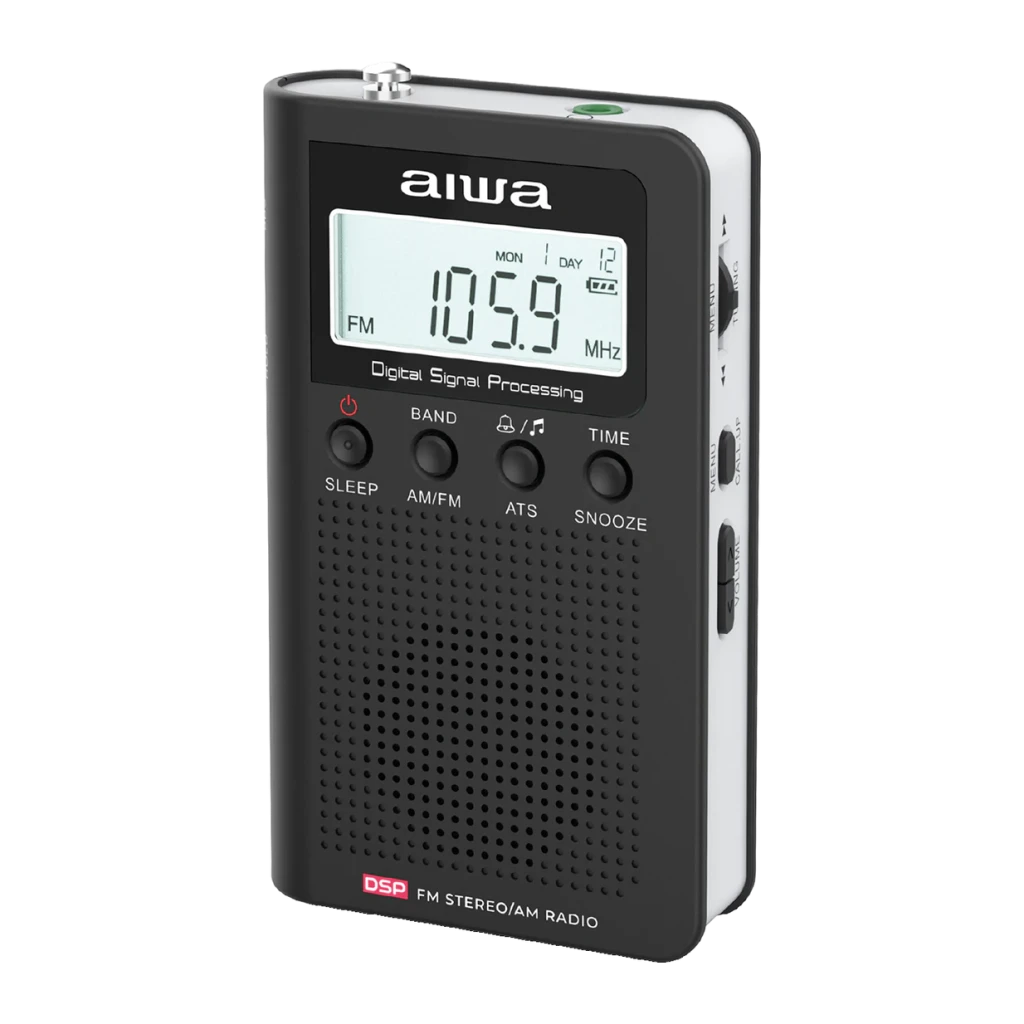 Radio portable Aiwa FM/AM Piles AAA LCD Noir RSD-45BK, vue en angle: écran LCD avec fréquence FM, boutons SLEEP AM/FM ATS