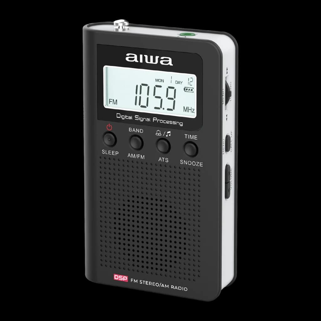 Radio portable Aiwa FM/AM Piles AAA LCD Noir RSD-45BK, vue en angle: écran LCD avec fréquence FM, boutons SLEEP AM/FM ATS
