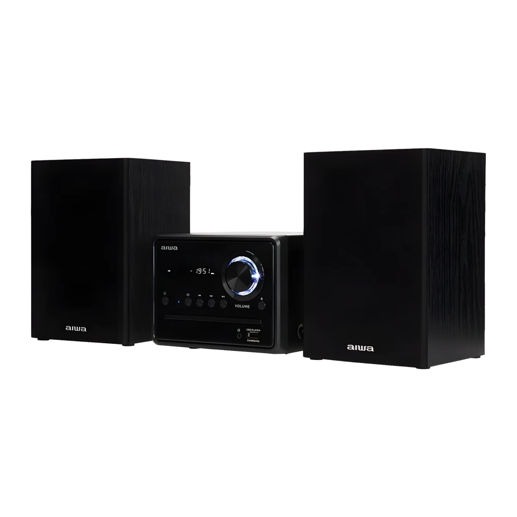 Chaîne hi-fi AIWA 20W Bluetooth Noir MSBTU-300, vue de face: unité centrale avec bouton de volume éclairé et deux enceintes