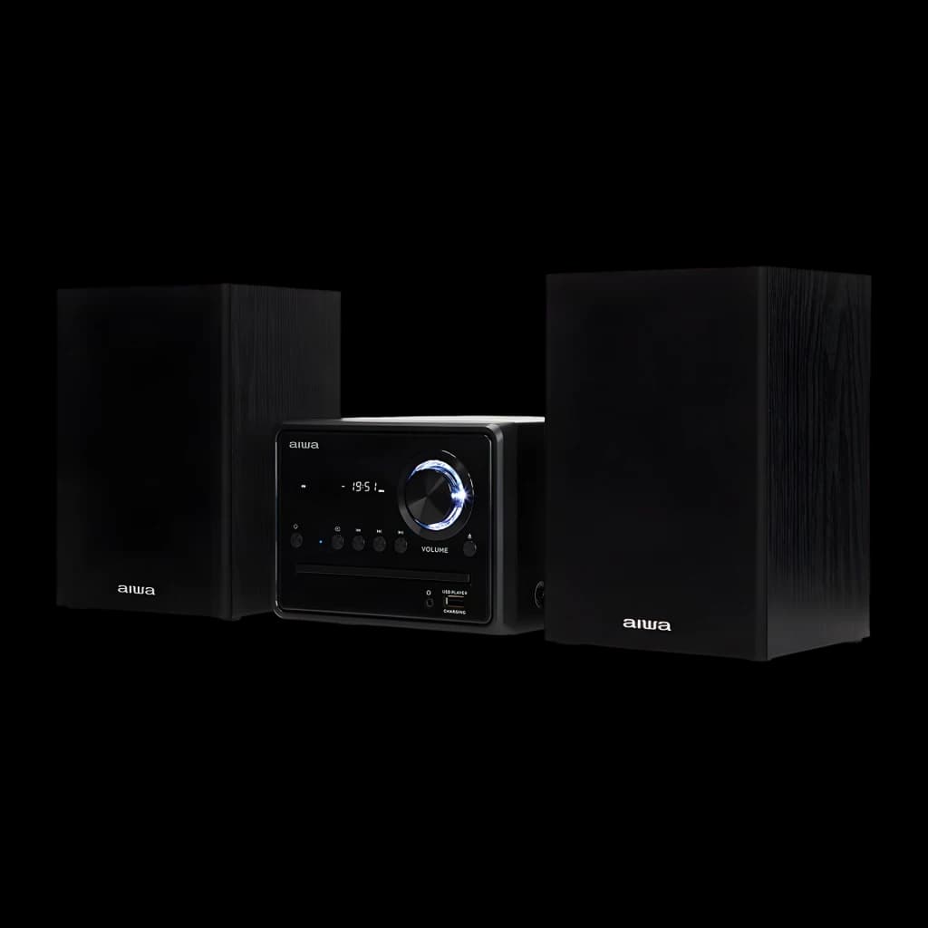 Chaîne hi-fi AIWA 20W Bluetooth Noir MSBTU-300, vue de face: unité centrale avec bouton de volume éclairé et deux enceintes