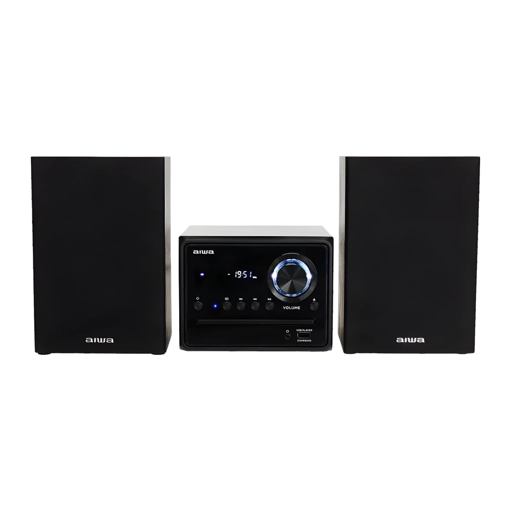 Chaîne hi-fi AIWA 20W Bluetooth Noir MSBTU-300, vue de face: unité centrale avec écran, bouton de volume et deux enceintes