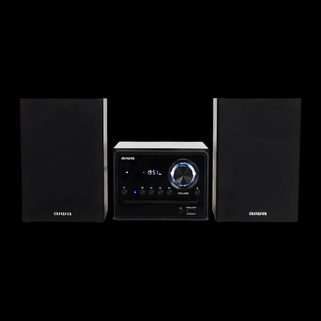 Chaîne hi-fi AIWA 20W Bluetooth Noir MSBTU-300, vue de face: unité centrale avec écran, bouton de volume et deux enceintes