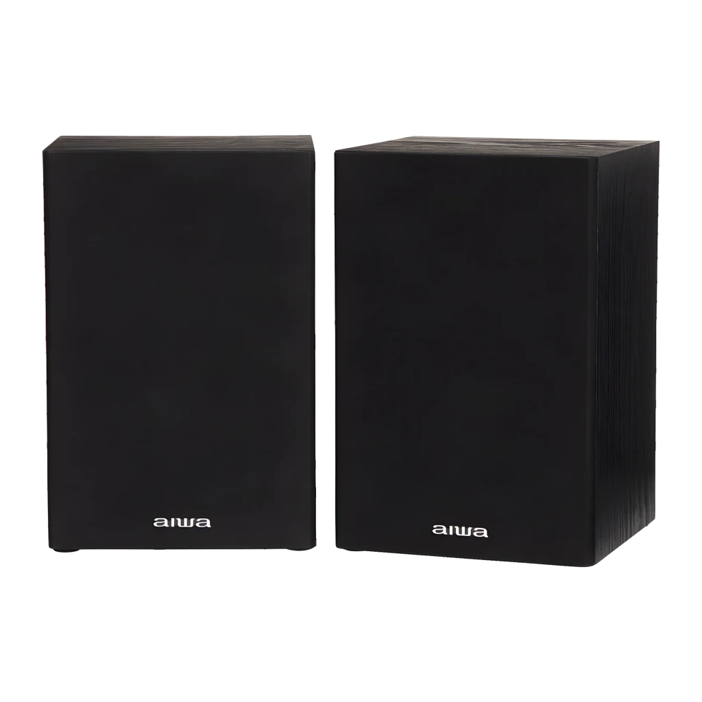 Chaîne hi-fi AIWA 20W Bluetooth Noir MSBTU-300, enceintes: paire de colonnes noires avec grille frontale et logo aiwa