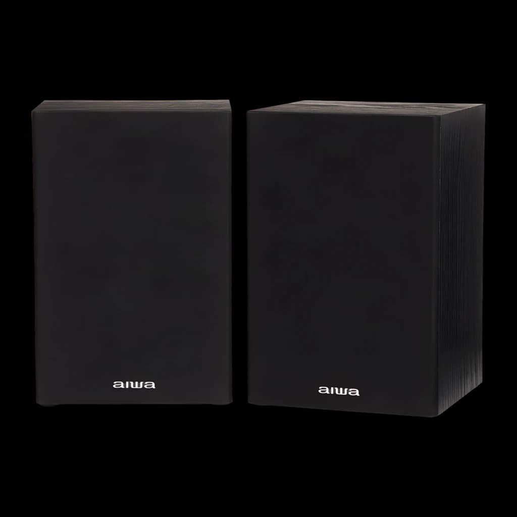 Chaîne hi-fi AIWA 20W Bluetooth Noir MSBTU-300, enceintes: paire de colonnes noires avec grille frontale et logo aiwa