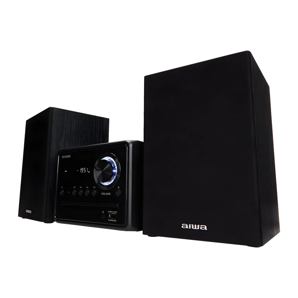 Chaîne hi-fi AIWA 20W Bluetooth Noir MSBTU-300, vue en angle: unité centrale avec bouton de volume éclairé et deux enceintes