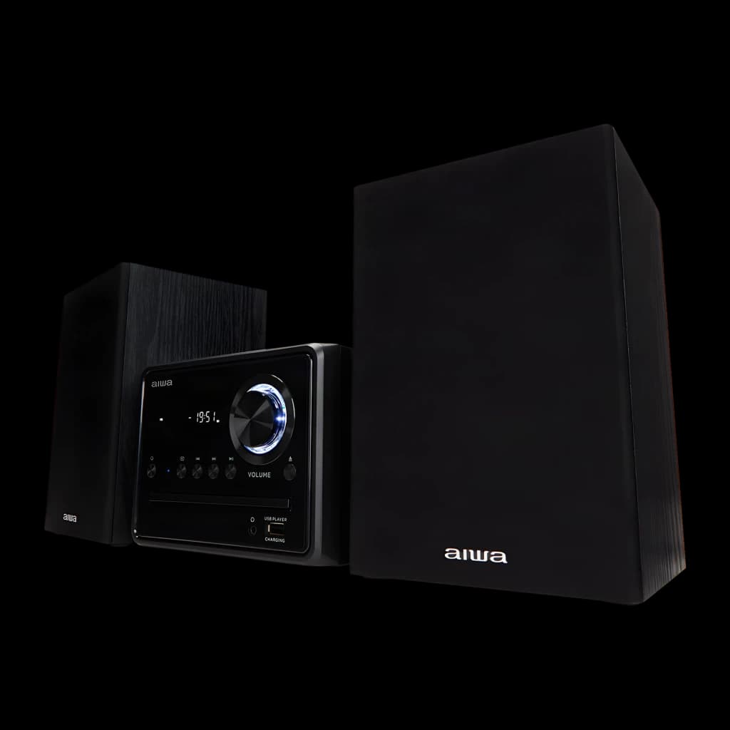 Chaîne hi-fi AIWA 20W Bluetooth Noir MSBTU-300, vue en angle: unité centrale avec bouton de volume éclairé et deux enceintes