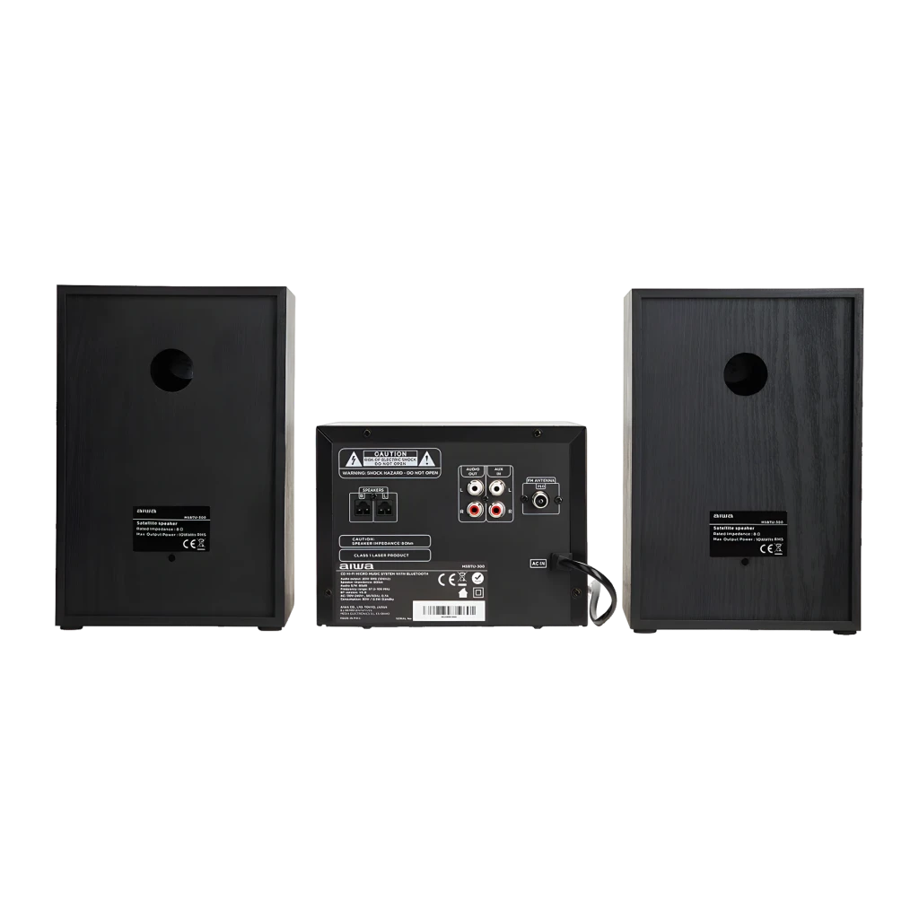 Chaîne hi-fi AIWA 20W Bluetooth Noir MSBTU-300, vue arrière: panneau de connexions RCA, enceintes avec évent bass reflex