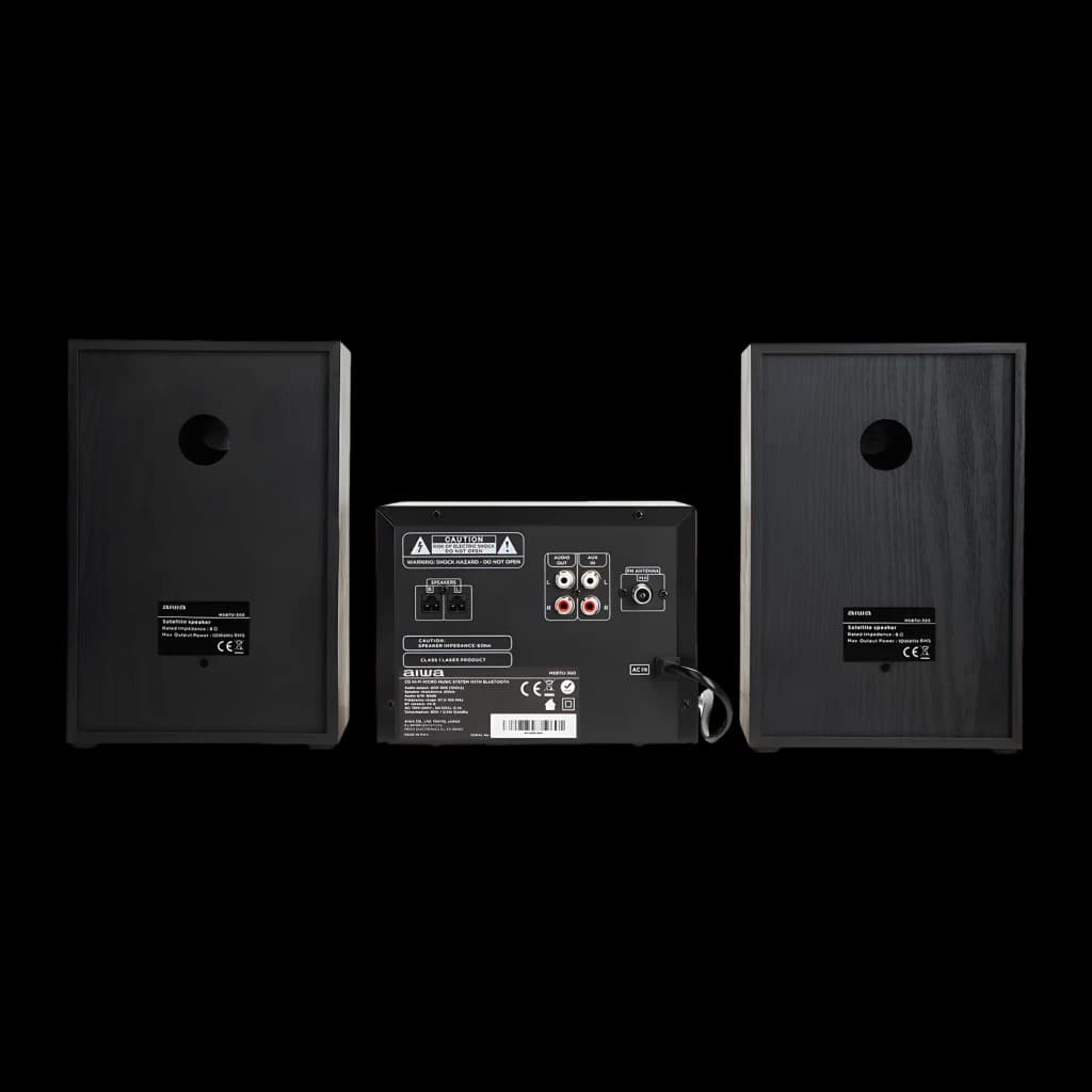 Chaîne hi-fi AIWA 20W Bluetooth Noir MSBTU-300, vue arrière: panneau de connexions RCA, enceintes avec évent bass reflex